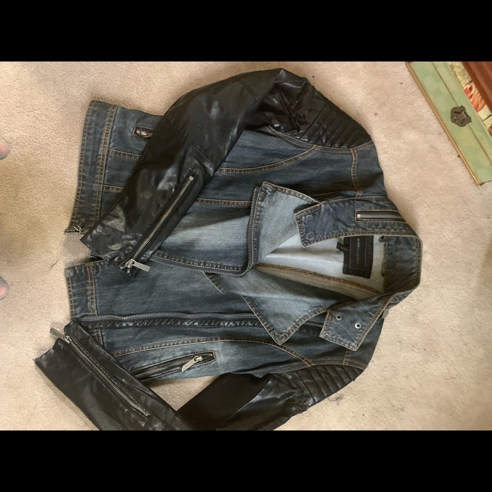 BCBG LEATHER & DENIM MOTO JACKET